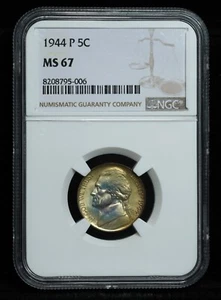 1944 Jefferson Silver War Nickel NGC Graded Coin MS 67 Magnificent Color Toning - Picture 1 of 4