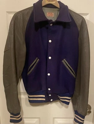JAQUETA VARSITY TEXAS HS/Colégio antiga roxa couro de lã id'd E MUELLER 38! - Imagem 1 de 4