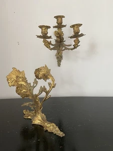 Ornate French Rococo Style Gilt Bronze Wall Sconces Candleholders Pair - Picture 1 of 15