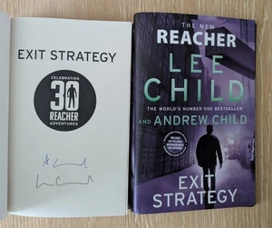 REACHER LEE CHILD ANDREW CHILD DUAL SIGNED EXIT STRATEGY 1/1 UK WATERSTONES EDN  - Picture 1 of 5