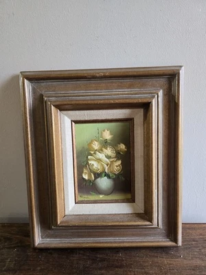 VTG Mexican Artist Rush Oil Painting Still Life Floral Cream Framed Art Gallery  - Image 1 of 4