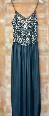 Vintage Undercover Wear Large Black Nylon Nightgown Full  Lace Bodice 1980s Slip - Image 1 of 4