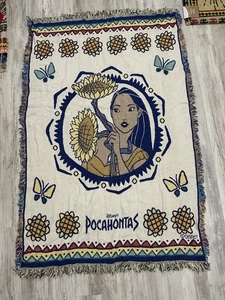 Vintage Disney Pocahontas Woven Throw Blanket Beacon 100% Cotton Heavy RARE - Picture 1 of 5