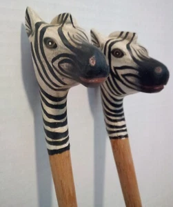 Safari Stil 12 Zoll handgeschnitzte Holz Gabel & Löffel Set mit Zebra bemalt Kopf - Bild 1 von 7