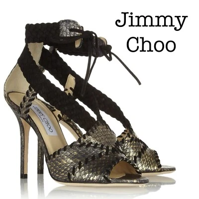 Tacones Jimmy Choo de gamuza con estampado de serpiente negros y dorados talla 39 Foto 1 de 4
