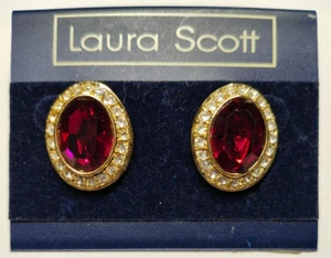 Neu mit Etikett Vintage Laura Scott rot und weiß Strass Clip ovale Ohrringe, goldfarben - Bild 1 von 3