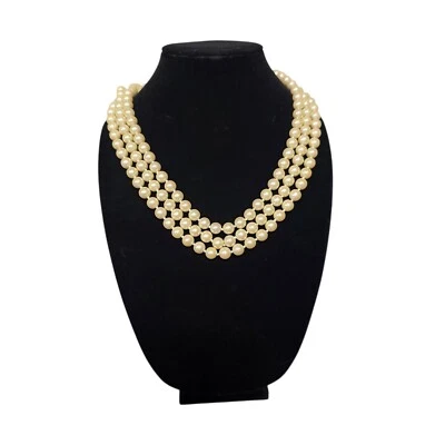 Faux Pearl Necklace Three Strand Classic Elegant Party Jewelry - Image 1 of 4