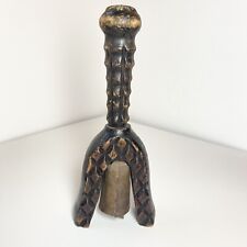 Vintage Made in Spain Brutalist Hand Carved Wooden Dinner Brass Bell Decorative