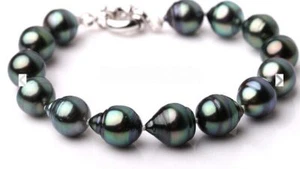 Huge 7.5"10-14mm South Sea Tahitian Genuine Black Peacock Drop Pearl Bracelet - Picture 1 of 2