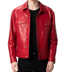 Men's NEW Arrival Jacket Red Real Lambskin Party Wear Leather Shirt Button Front - Picture 1 of 4
