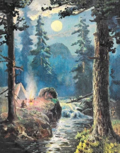 Campers Cooking over Campfire by Stream , Full Moon by Wm Thompson - Picture 1 of 1