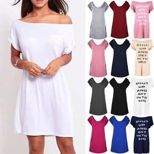 Womens Off Shoulder Bardot Dress Ladies Baggy Cap Sleeve Sleep Wear PJ Shirt Top - Picture 1 of 14