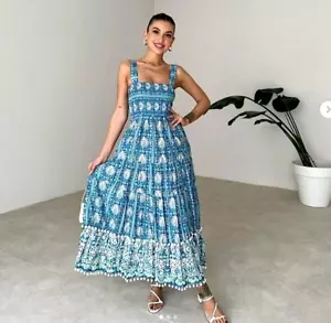 ZARA TEAL BLUE BANDEAU STRAPPY POMPOM MIDI MAXI SUMMER DRESS size M 10 12 Beach - Picture 1 of 7