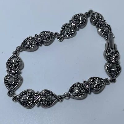 Винтажный Avon шикарный викторианский стиль сердце розовый кристалл теннисный браслет серебристого тона - Изображение 1 из 4