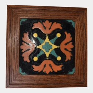 Taylor Tilery California Vintage Art Pottery Black Orange Floral Framed Tile - Picture 1 of 3