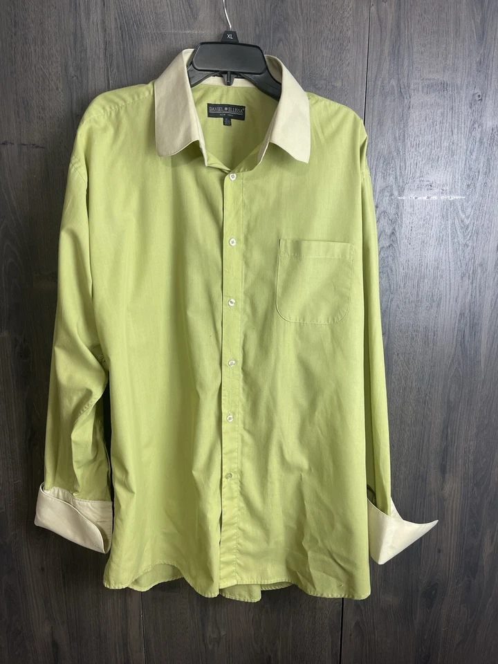 Camisa de vestir Daniel Ellissa para hombre verde oliva blanco a rayas cuello puños talla 18,5 Foto 1 de 4