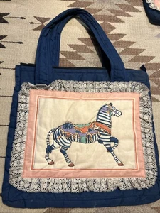 Vtg Handmade Purse Granny Quilt Padded Tote Bag Carousel Horse Laced Blue 1980’s - Picture 1 of 8