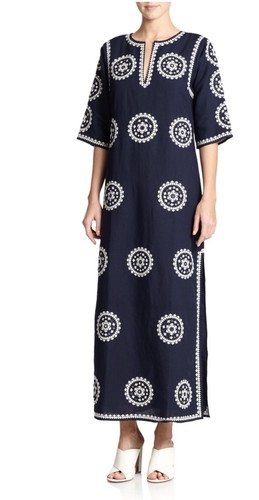Maxi abito Tory Burch blu navy in lino specchiato taglia small ricamato caftano
