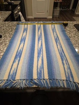 Handmade Crochet Afghan Knit Sofa Throw Blanket Blue Navy Ombre Diagonal 27x35” - Image 1 of 4