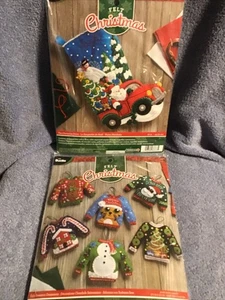 Vtg Bucilla Christmas Felt Craft Kit Stocking UGLY SWEATER ORNAMENT Lot 2 New - Picture 1 of 12