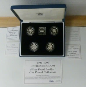 1994-1997 UK Sterling Silver Piedfort Proof 4-coin £1 set Royal Mint Boxed COA's - Picture 1 of 12