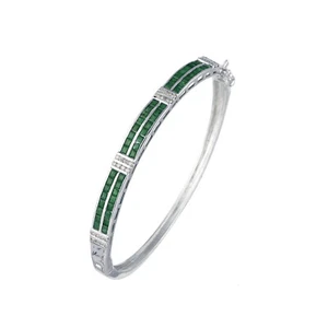 Square Cut Green Emerald Gemstone Sterling Silver Bangle Bracelet  7" inches - Picture 1 of 6