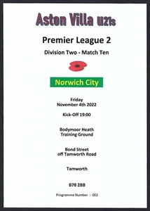 ASTON VILLA v NORWICH CITY 04.11.22 U21 PREMIER LEAGUE 2 DIVISION TWO PROGRAMME - Picture 1 of 3