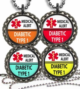 Diabetic Type 1 Medical Alert Kids Necklace & Chain Bottle Cap Medical Condition - Picture 1 of 9