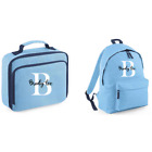 Personalised Name Initial Rucksack Lunch Box Bag Set Backpack Blue Pink School 