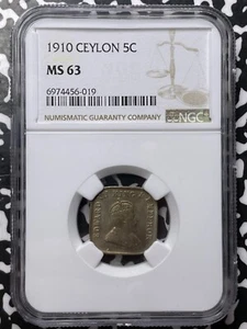 1910 Ceylon 5 Cents NGC MS63 Lot#G7668 Choice UNC! - Picture 1 of 3