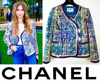 Chaqueta 7K Chanel 2016 Azul Tweed Plata Logo Botón 34 36 2 4 Abrigo Top Borde S M Foto 1 de 4