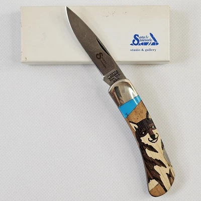 Navaja de Bolsillo Camillus NY EE. UU. #2 Santa Fe Stoneworks Turquesa Lobo Incrustación de Madera Foto 1 de 4