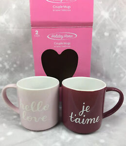 Holiday Home Valentine’s Couple Mugs “Hello Love / Je t’aime” Light Pink/Red NEW