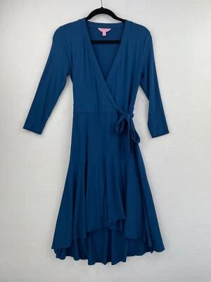 Lilly Pulitzer XS True Wrap Dress Blue 3/4 Sleeve High Low Stretch Jersey A36-11 - Image 1 of 4