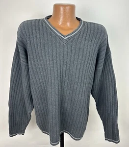 Suéter Vintage Años 90 BILL BLASS Cuello en V L Gris Carbón Acanalado Tejido Algodón AGUJERO - Imagen 1 de 13
