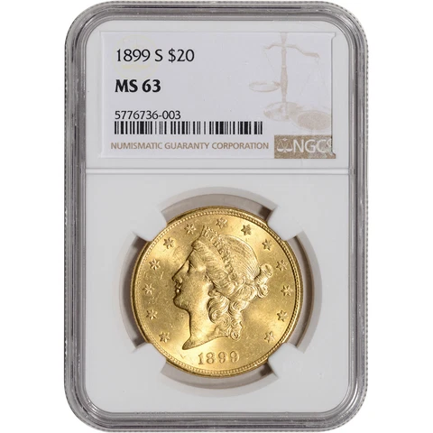 1899 S US Gold $20 Liberty Head Double Eagle - NGC MS63 Cover
