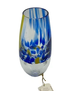 NWT Hand Blown Art Glass Vase Adam Jablonski Crystal Clear Blue Yellow Swirls - Picture 1 of 11