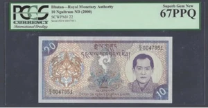 Bhutan 10 Ngultrum 2000 Pick# 22 PCGS: 67 PPQ Superb Gem New UNC. #940 - Picture 1 of 2