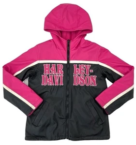 Harley Davidson Jacket Girls 5T Pink Black Reversible Hooded Coat Kids Youth A6 - Picture 1 of 6