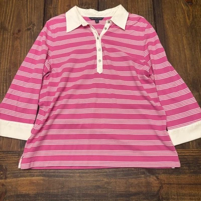 Brooks Brothers 346 Women's Pink Striped 3/4 Sleeve Polo Shirt White Trim L - Image 1 of 4