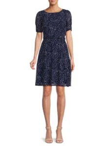 DKNY Womens Navy Lined Tie Short Sleeve Knee Length Fit + Flare Dress 14 - Picture 1 of 3
