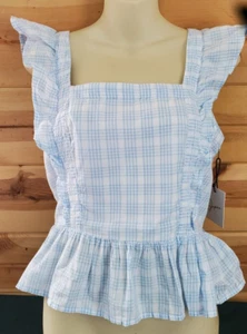 Japna Blue Gingham Smocked Crop Top 100% Cotton Medium Embroidered - Picture 1 of 12