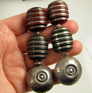 Modernist Signed Sterling Silver Chunky Brick Green Lucite Long Clip On Earrings - Picture 1 of 8