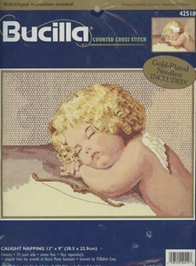 VIntage Bucilla Angel Cupid Cherub Caught Napping Counted Cross Stitch 1999 KIT - Picture 1 of 2