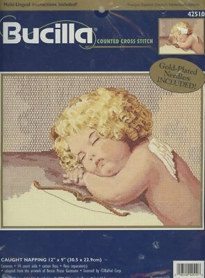 VIntage Bucilla Angel Cupid Cherub Caught Napping Counted Cross Stitch 1999 KIT - Image 1 of 2