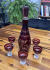 Egermann Czech Bohemian Etched Liqueur Glasses & Decanter Ruby Red Cut To Clear