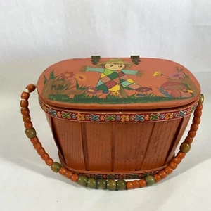Vintage Basket Weave Handbag Purse Picnic Tote Hand Painted Scarecrow Mushroom - Picture 1 of 11