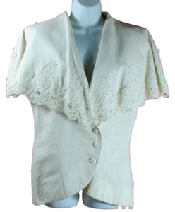 Large Embroidered Cape Collar V Neck 3 Button Top 9/10  Vintage ERIKA 100% Linen - Picture 1 of 19
