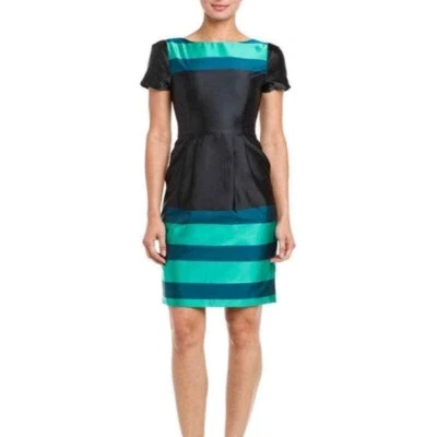 L.K. Bennett Accalia Dress in Peacock  A-Line Short Sleeve Teal/Gray Satin Sz 12 - Image 1 of 4