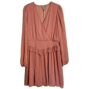 ASOS Pink Ruffled Long Sleeve Smocked Waist Pullover V Neck Mini Dress 12 NWT - Picture 1 of 15